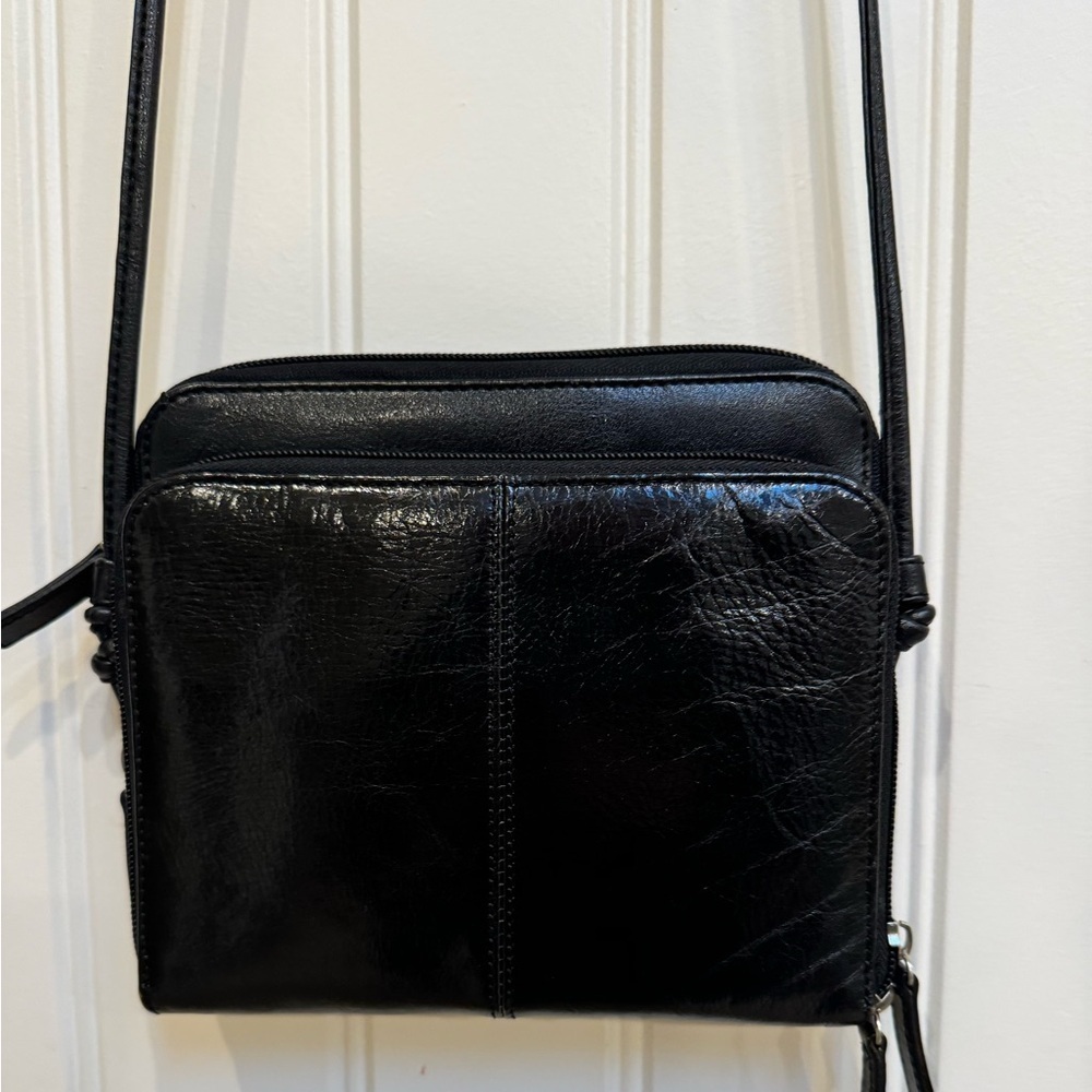 Spring Black Leather Cross Body Bag with front Wallet Pocket. 7.5” by 6.5” by 1”